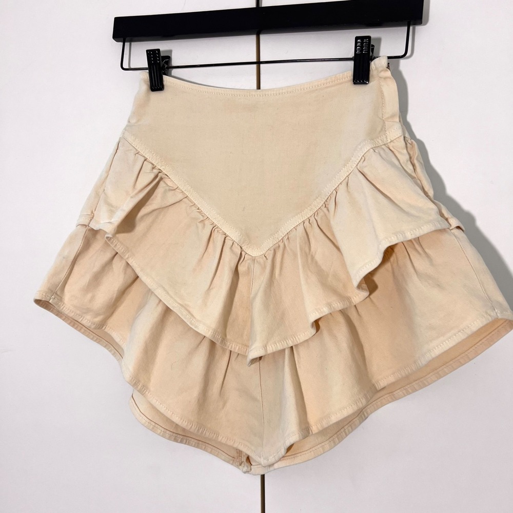 Mother‎ The Ruffle Mini Skirt Size 24 Beige Tiered Denim High Waist Boho Western
